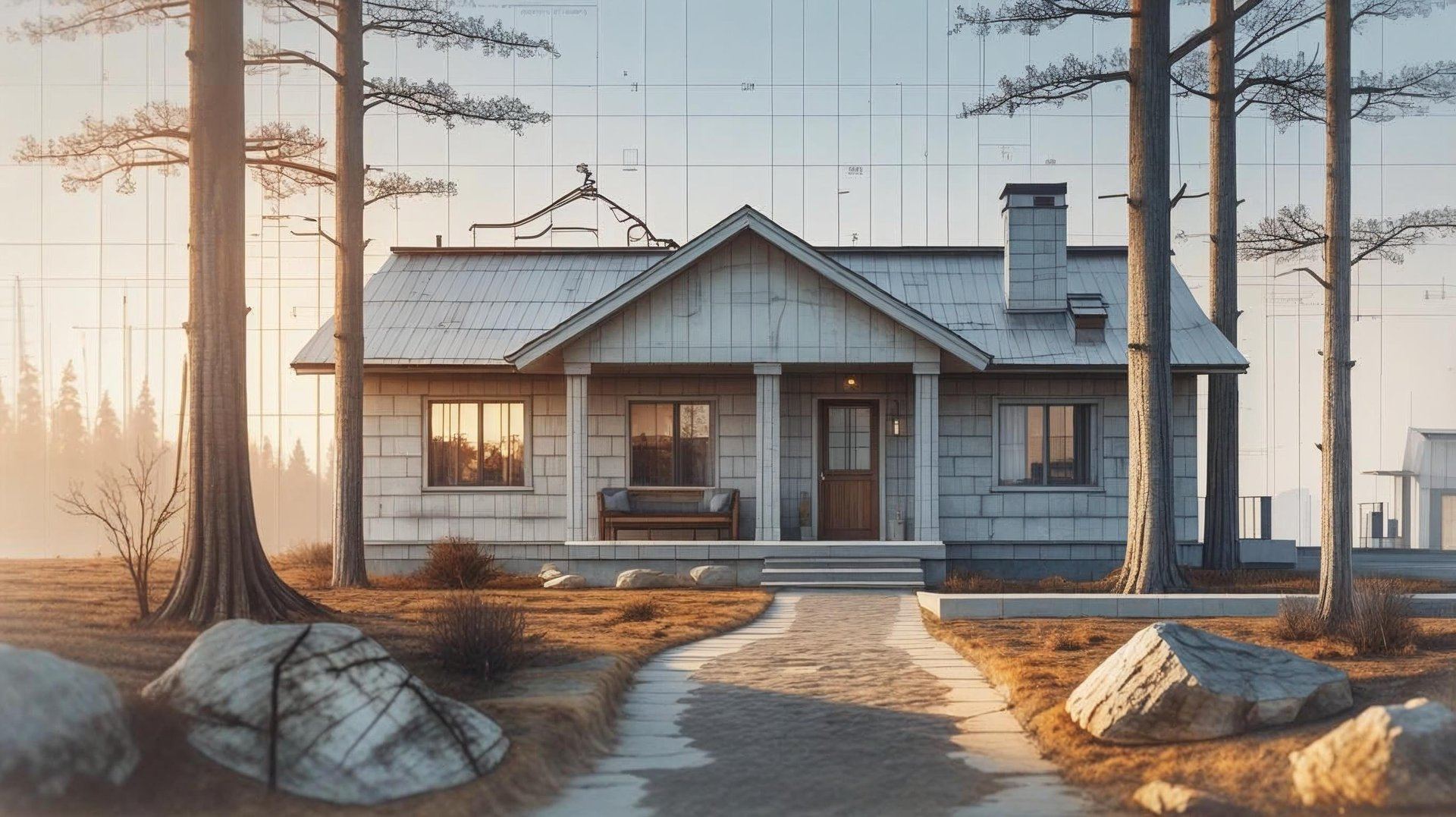 Architectural rendering of a custom home design blending into a wooded Uintah Basin lot