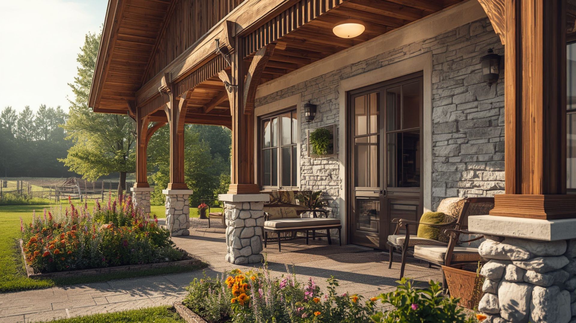 Custom home with a timber-frame covered porch, stone accents, and landscaped patio, built by Baird Construction & Development, a licensed general contractor in Roosevelt, Utah
