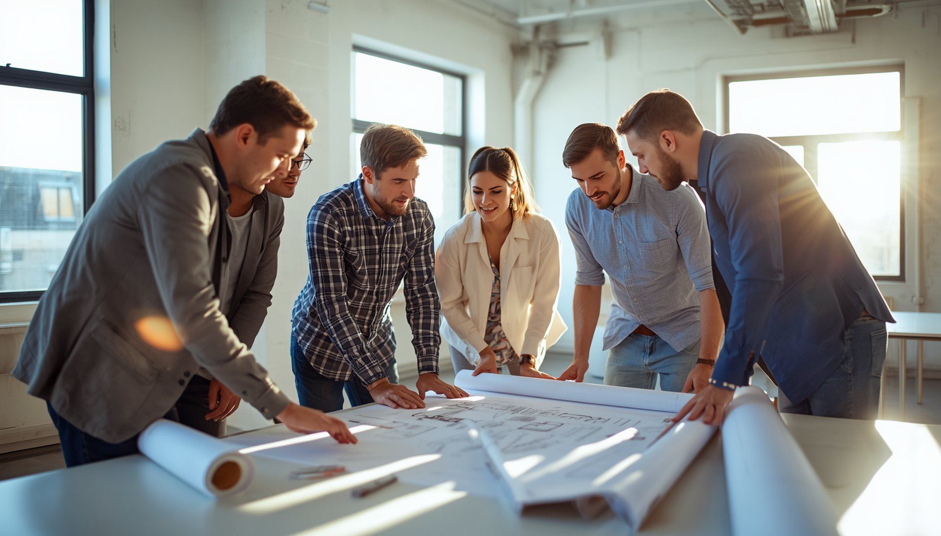 Team of contractors and tradespeople reviewing blueprints together, part of the Baird Construction & Development subcontractor network in the Uintah Basin