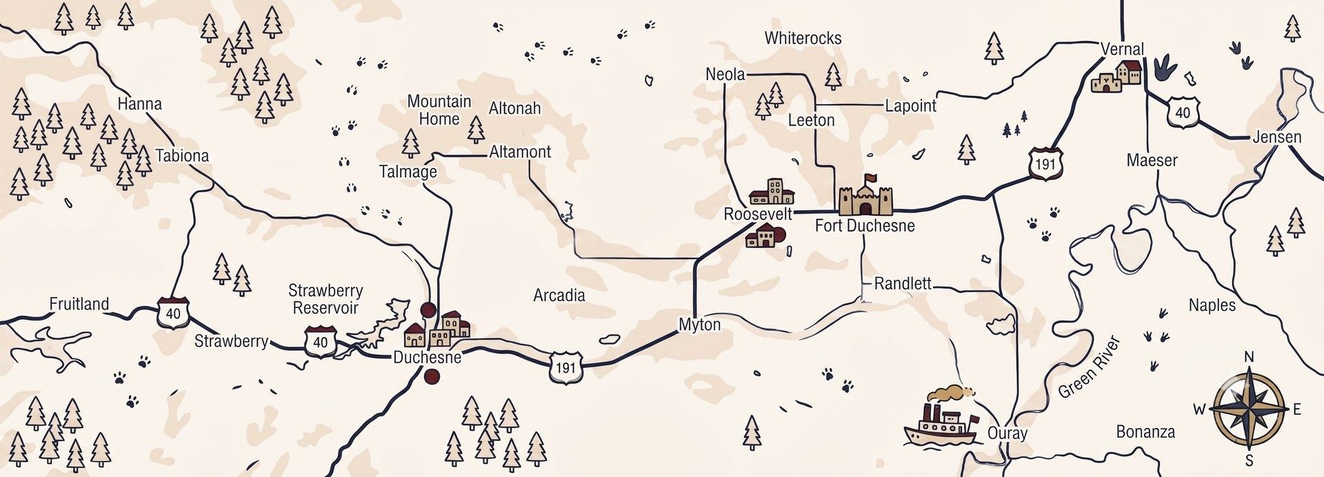 Illustrated map of the Uinta Basin service area, showing Roosevelt, Vernal, Duchesne, Myton, Altamont, Neola, Fort Duchesne, Lapoint, Naples, Jensen, and the surrounding Uintah and Ouray Reservation region